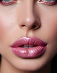 Fototapeta premium A close-up of a woman's lips, featuring shimmering pink lipstick that adds a touch of sparkle. The lips are slightly parted, revealing a glimpse of white teeth. Sensuality and sexuality. AI generated