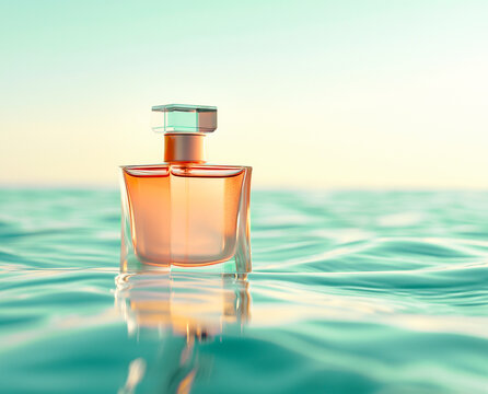 A glass engraved bottle with perfume stands on the surface of blue water