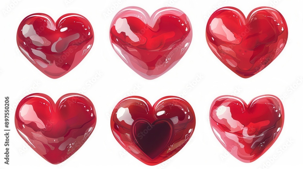 Poster six red hearts with different textures and styles on a white background. generative ai