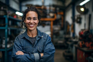 Woman auto mechanic in blue coveralls in vehicle repair workshop garage