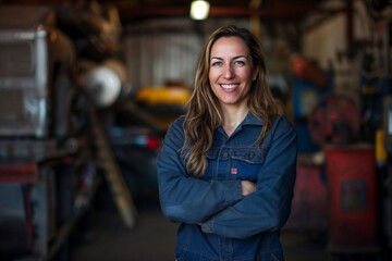 Smiling female mechanic in blue coveralls with arms crossed, posing in a car repair garage surrounded by auto equipment