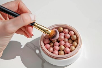 hand holding a makeup brush with a gold handle, applying blush to the cheekbones