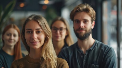 Obraz premium A group of four young adults, two men and two women, smiling at the camera. They are standing in front of a blurry background.