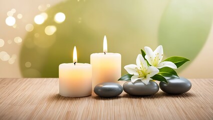 Serene Spa Setting with Candles, Stones, and White Flowers

