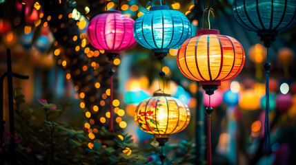 Obraz premium Glowing asian silk lanterns, garlands. Autumn Lunar Festival, Lunar New Year. Chinese lanterns. Festive street decor, night, lights. Celebration.
