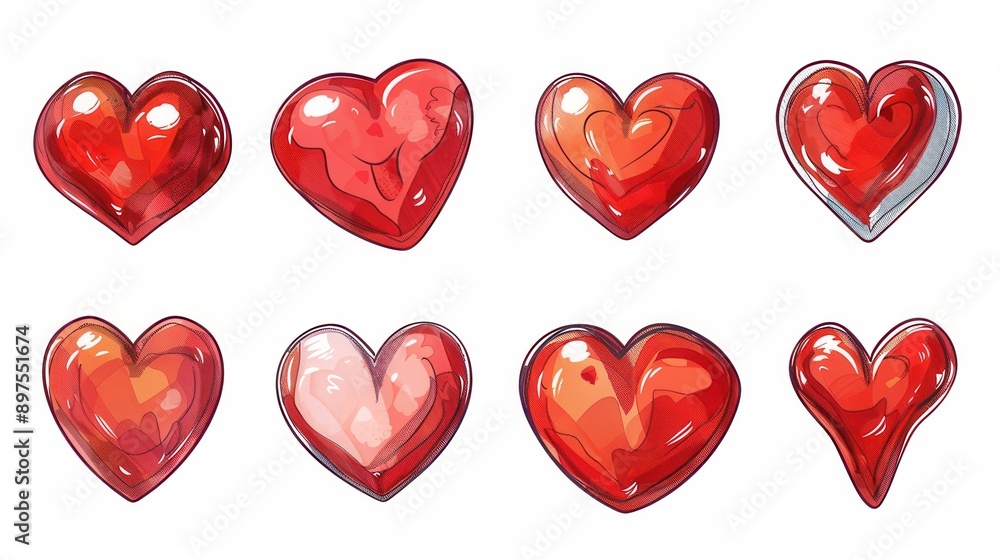 Poster eight red hearts in various styles and poses, all drawn with a bright, glossy finish. generative ai