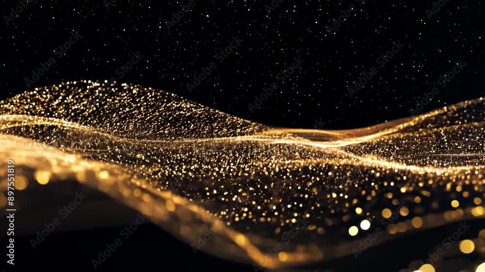 Aufkleber A digital rendering of abstract golden glitter waves against a black background.