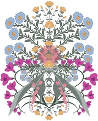 The mirror composition of flowers is made in folk style. Postcard, poster, print in rustic style on a white background.