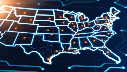 Digital Map of the U.S. with Highlighted State Boundaries and Connectivity Hubs