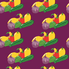 Onion, Bell Peppers, Squash, and Zucchini Grouped and Aligned on an Onion Red Background creating a seamless pattern print background