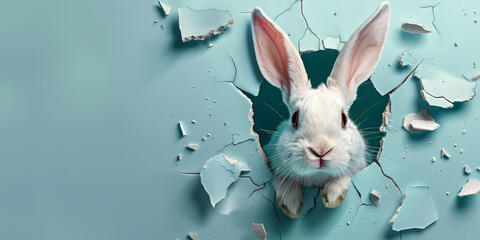 Bunny peeking out of a hole in blue wall, fluffy eared bunny easter bunny banner, rabbit jump out torn hole