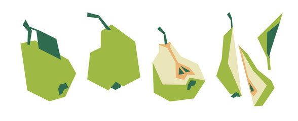 Green pear with leaf. Half of pear. Sliced ​​pear. Stylization. Set of vector illustrations, isolated objects on white background