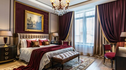 A bedroom featuring rich burgundy curtains with gold accents and a coordinating bedspread