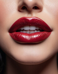 Fototapeta premium A close-up of a woman's lips, featuring shimmering burgundy maroon lipstick, touch of sparkle. The lips are slightly parted, revealing a glimpse of white teeth. Sensuality and sexuality. AI generated