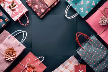 Fototapeta premium Colorful gift bags arranged in a circle with a black background.