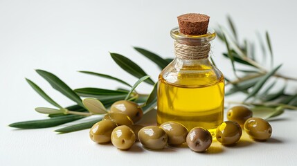 Olive oil and olive twig on white