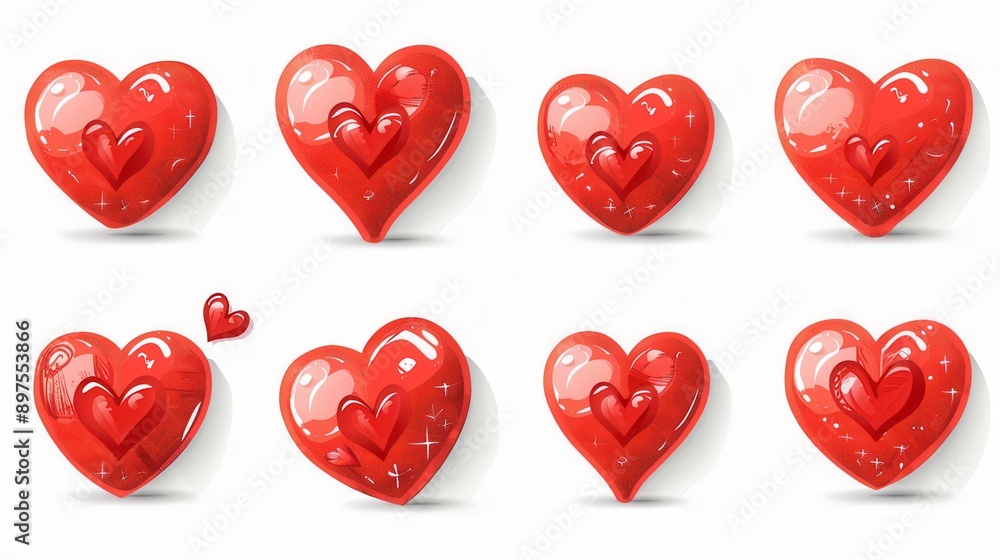 Fototapete a collection of eight red hearts in various styles, all with a glossy finish and some with smaller h