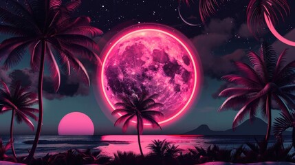 Pink neon moon over a tropical beach at night