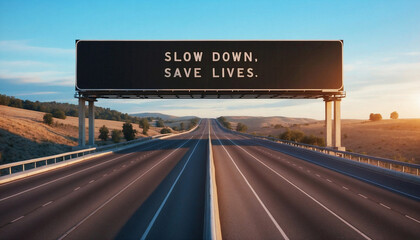 Vast Open Highway with a Safety Message Sign Encouraging Drivers to Slow Down and Save Lives
