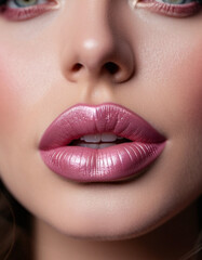 Fototapeta premium A close-up of a woman's lips, featuring shimmering pink lipstick that adds a touch of sparkle. The lips are slightly parted, revealing a glimpse of white teeth. Sensuality and sexuality. AI generated