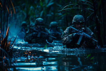 Soldiers move in the heart of a marsh, crossing swampy waters, tropical jungle night, extreme conditions of concealed night tactical combat operation of special task forces
