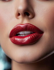 Fototapeta premium A close-up of a woman's lips, featuring shimmering red lipstick that adds a touch of sparkle. The lips are slightly parted, revealing a glimpse of white teeth. Sensuality and sexuality. AI generated
