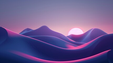 Serene neon landscape with rolling hills illuminated by the setting sun
