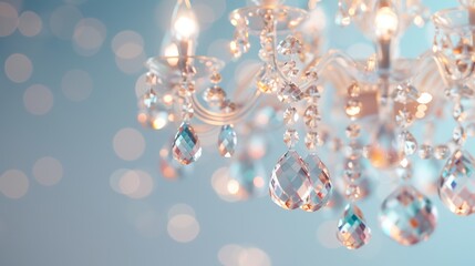 A delicate, glowing chandelier with multicolored crystals, casting a rainbow of light across the room, with copy space, high-resolution photo, realistic photo, hyper realistic
