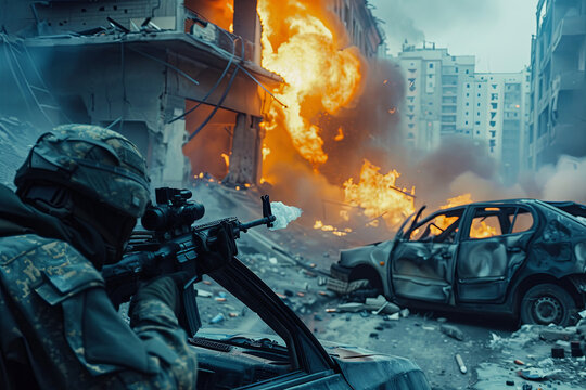 People's insurgents in urban combat with government forces commandos burning cars and tires prevents fire and smoke shooting sighting sniper army against the backdrop of the ruined city
