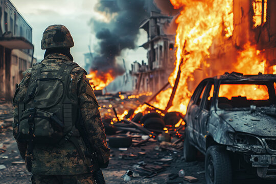 People's insurgents in urban combat with government forces commandos burning cars and tires prevents fire and smoke shooting sighting sniper army against the backdrop of the ruined city
