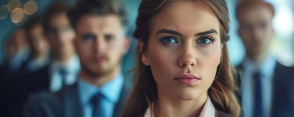 Fototapeta premium A focused professional woman stands confidently in a corporate setting, surrounded by colleagues in suits.