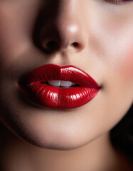 Obraz premium A close-up of a woman's lips, featuring shimmering red lipstick that adds a touch of sparkle. The lips are slightly parted, revealing a glimpse of white teeth. Sensuality and sexuality. AI generated