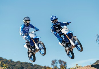 Two young children are jumping in a dirtbike landscape with a blue sky
