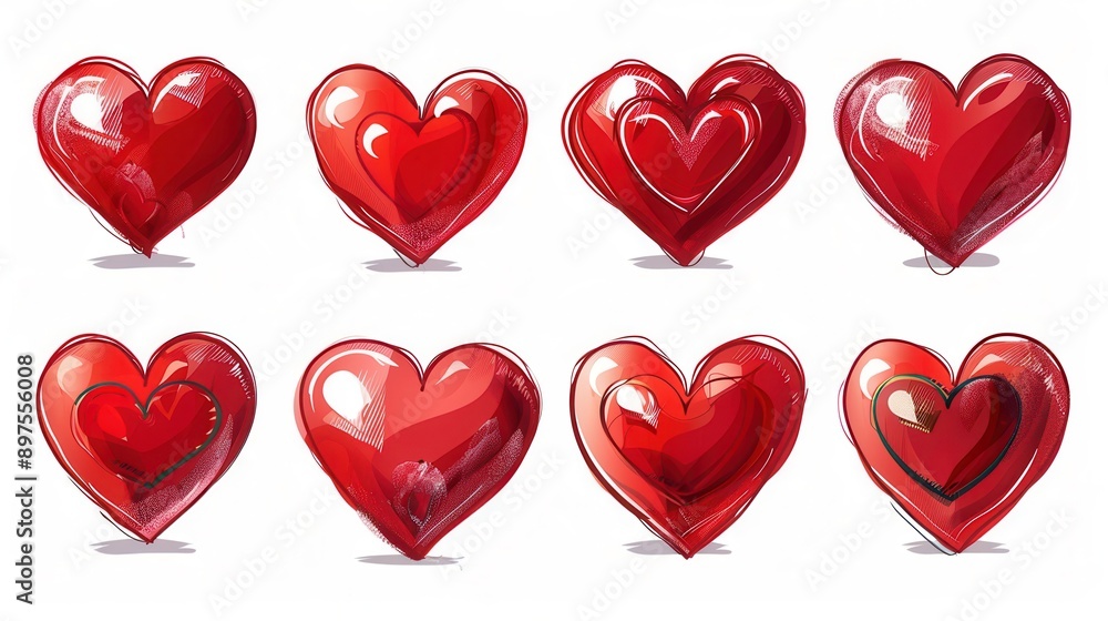 Leinwandbilder a collection of eight red hearts with different styles and poses. generative ai