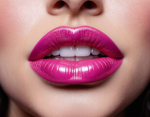Fototapeta premium Close-up of a woman lips, featuring shimmering magenta pink lipstick that adds a touch of sparkle. Lips are slightly parted, revealing a glimpse of white teeth. Sensuality and sexuality. AI generated
