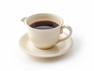 A coffee cup with a saucer and a small jug of milk on a white background