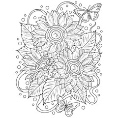 Sunflowers and butterflies.Coloring book antistress for children and adults. 