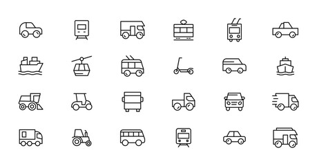 Travel and Transport line icon set. Containing car, bike, plane, train, bicycle, motorbike, bus and scooter icons. Transportation Simple line icon collections