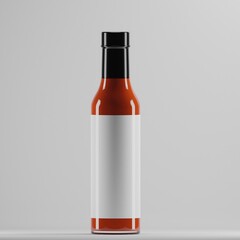 A tall, red glass bottle with a black cap and a blank white label. The bottle is standing upright against a neutral gray background.