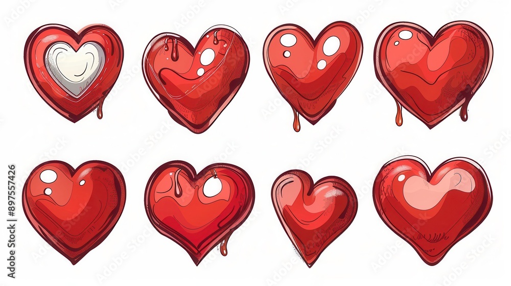 Poster eight red hearts with dripping red paint in different styles. generative ai