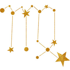 Golden constellation. PNG. Gold Shining Paint Stain Hand Drawn Illustration brush stroke paint ornament decorate. Gold tree. Wedding invitation border. Stars  on transparent. zodiac sign's birthday