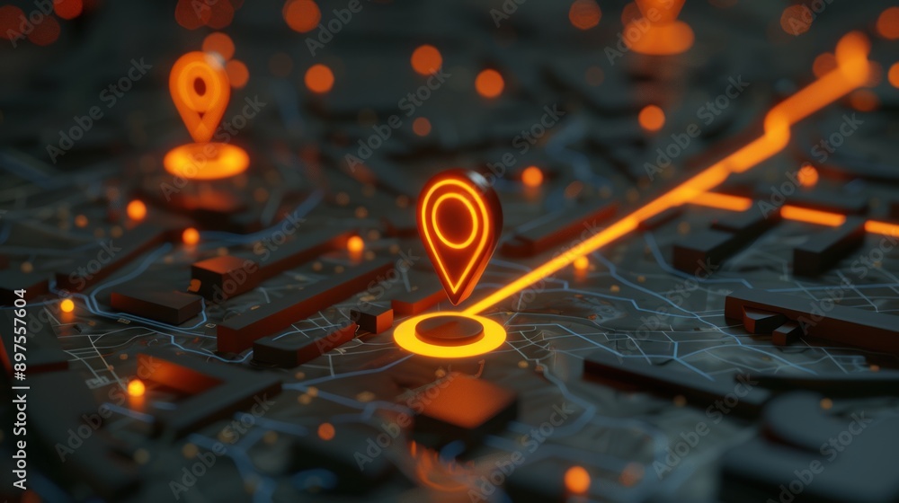 Poster glowing location pin on a 3d map with a route