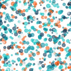 Light navy blue, medium turquoise, white lilac and mango orange polka dot with texture on the white background. Seamless hand drawn pattern.