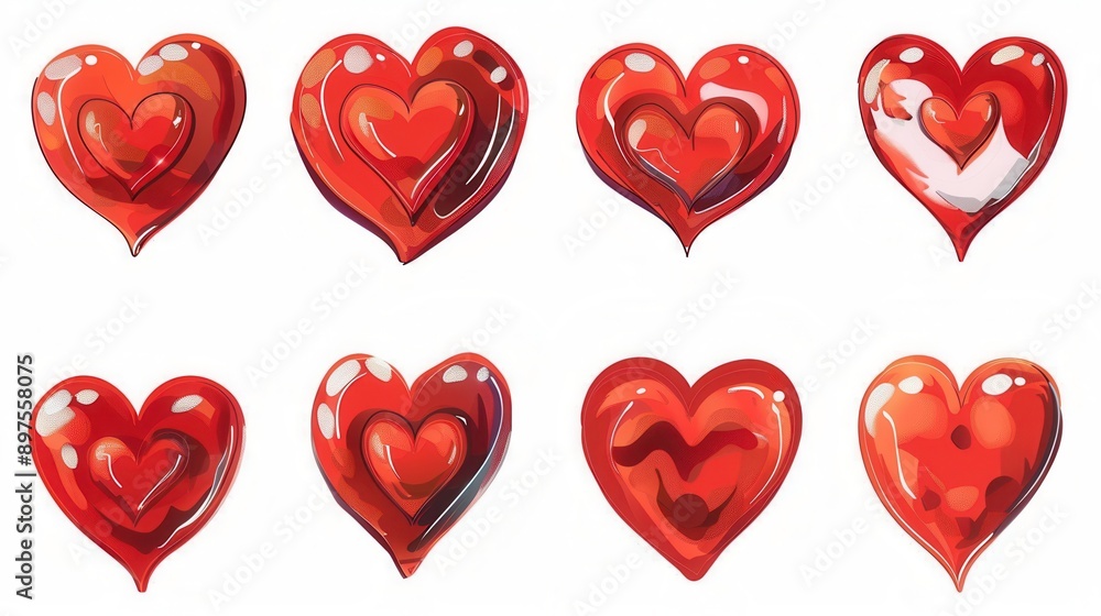 Poster eight red heart illustrations with different styles and poses. generative ai