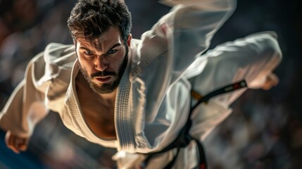 Close-up of a male judo athlete mid-throw, his face contorted in focus with a powerful expression of concentration and determination