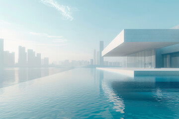 Modern buildings by the lake. The modern urban skyline is in the background.