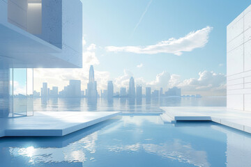 Modern buildings by the lake. The modern urban skyline is in the background.