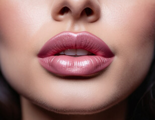 Obraz premium A close-up of a woman's lips, featuring shimmering pink lipstick that adds a touch of sparkle. The lips are slightly parted, revealing a glimpse of white teeth. Sensuality and sexuality. AI generated