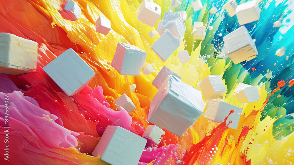 Aufkleber abstract white cubes flying into color burst of paint