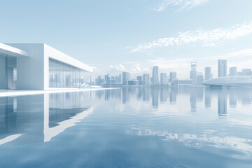 Modern buildings by the lake. The modern urban skyline is in the background.